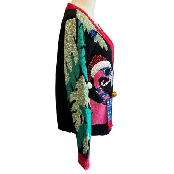 Ugly Christmas Sweater Cardigan Black Pink Flamingo SZ LG 33 Degrees Costume - Picture 10 of 12